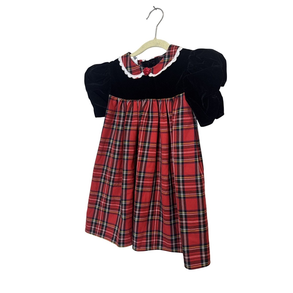 Jo Lene Dress Girls 6 Red Plaid Velvet Puff Sleeve Lace Collar Party Holiday